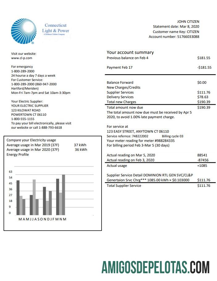 Conta de serviços públicos de eletricidade e luz dos EUA Connecticut em formato Word e PDF exemplo